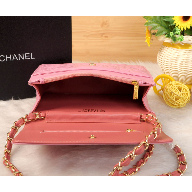 2014 Chanel Camellia Leather mini Flap Bag A088 Pink