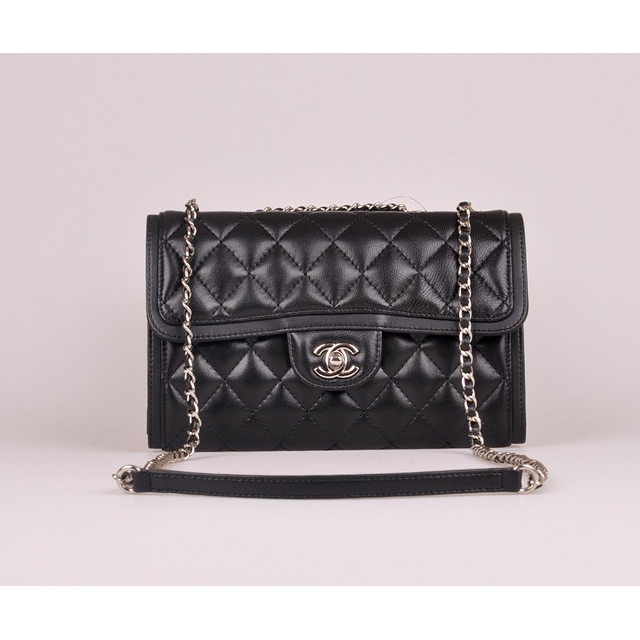 2014 Chanel Classic Flap Bag Black Sheepskin Leather A25280 Silver