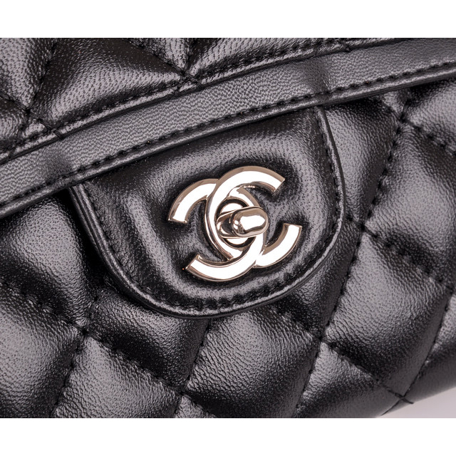 2014 Chanel Classic Flap Bag Black Sheepskin Leather A25280 Silver