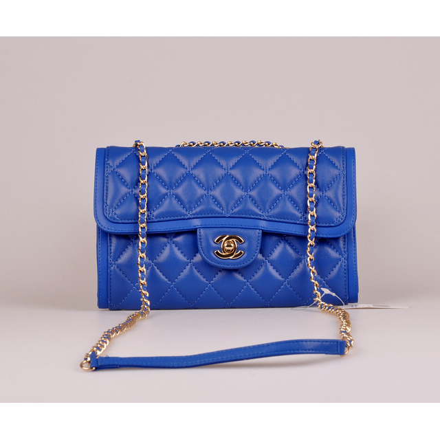 2014 Chanel Classic Flap Bag Blue Sheepskin Leather A25280 Gold