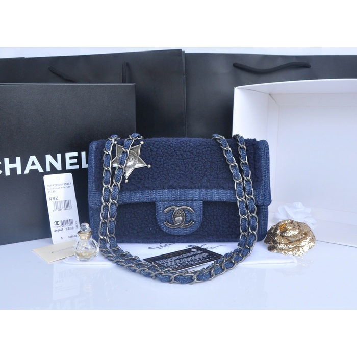 2014 Chanel Classic Flap Bag Original Villus A92465 Dark Blue