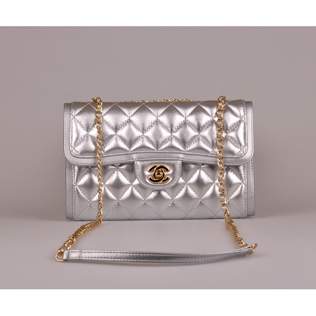 2014 Chanel Classic Flap Bag Silver Sheepskin Leather A25280 Gold