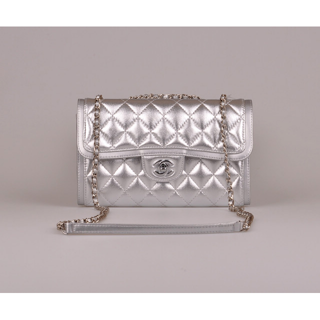 2014 Chanel Classic Flap Bag Silver Sheepskin Leather A25280 Silver