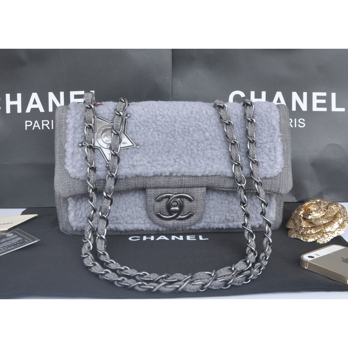 2014 Chanel Classic Flap Bag Villus A32465 Grey