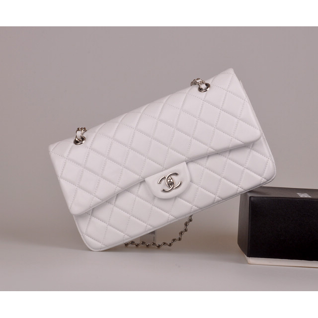 2014 Chanel Classic Flap Bag White Original Leather 1113 Silver