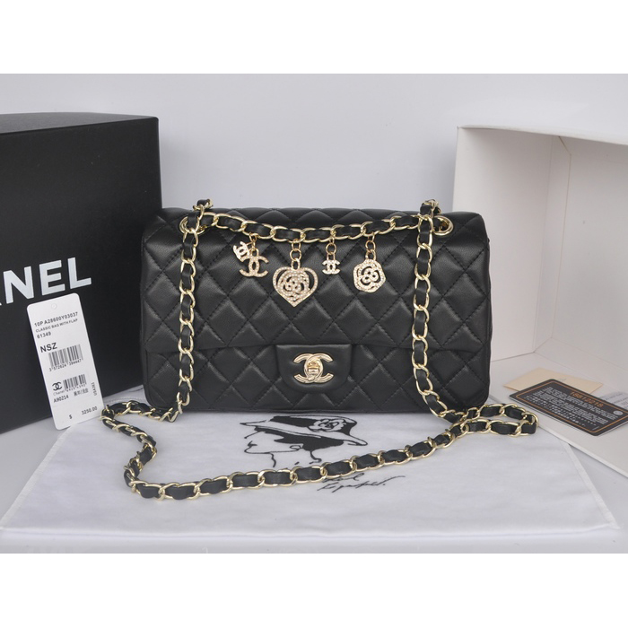 2014 Chanel Classic Flap Bags Black Original Sheepskin Leather A90214 Gold