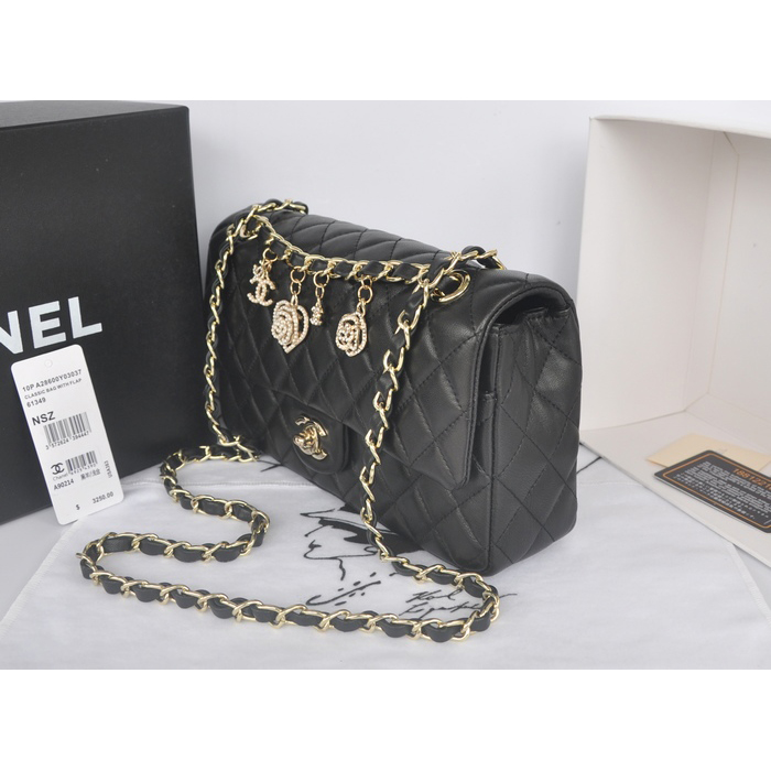 2014 Chanel Classic Flap Bags Black Original Sheepskin Leather A90214 Gold