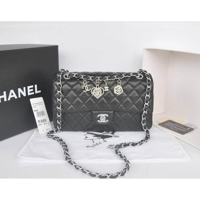 2014 Chanel Classic Flap Bags Black Original Sheepskin Leather A90214 Silver