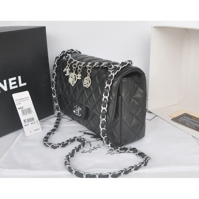 2014 Chanel Classic Flap Bags Black Original Sheepskin Leather A90214 Silver