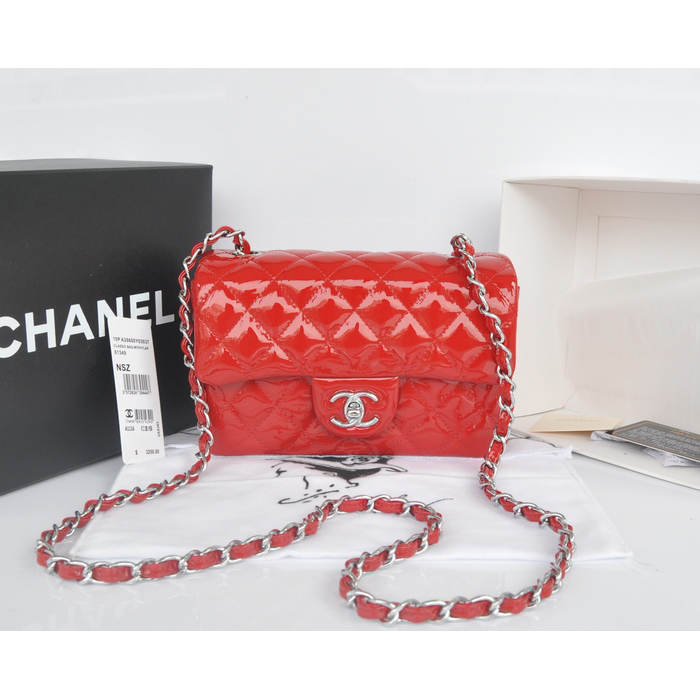 2014 Chanel Classic Flap Bags Original Patent Leather A1116 Red with Silver