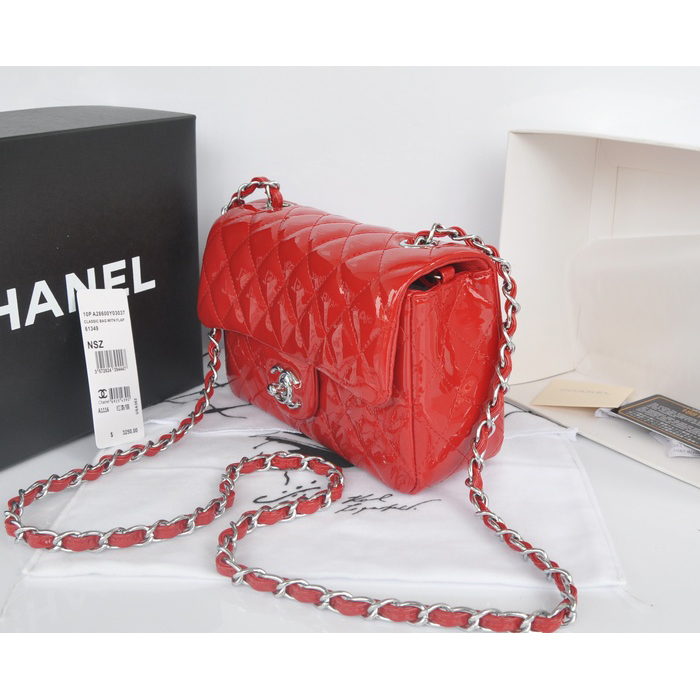 2014 Chanel Classic Flap Bags Original Patent Leather A1116 Red with Silver