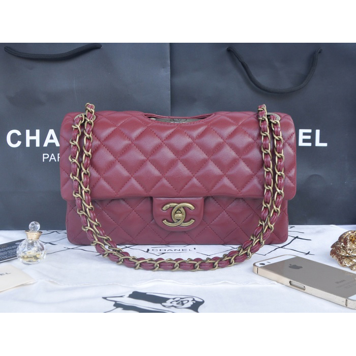 2014 Chanel Classic Flap Bags Sheepskin Leather A90353 Burgundy