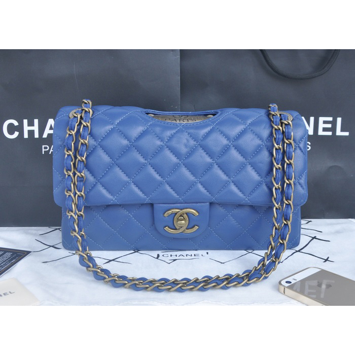 2014 Chanel Classic Flap Bags Sheepskin Leather A90353 Royalblue