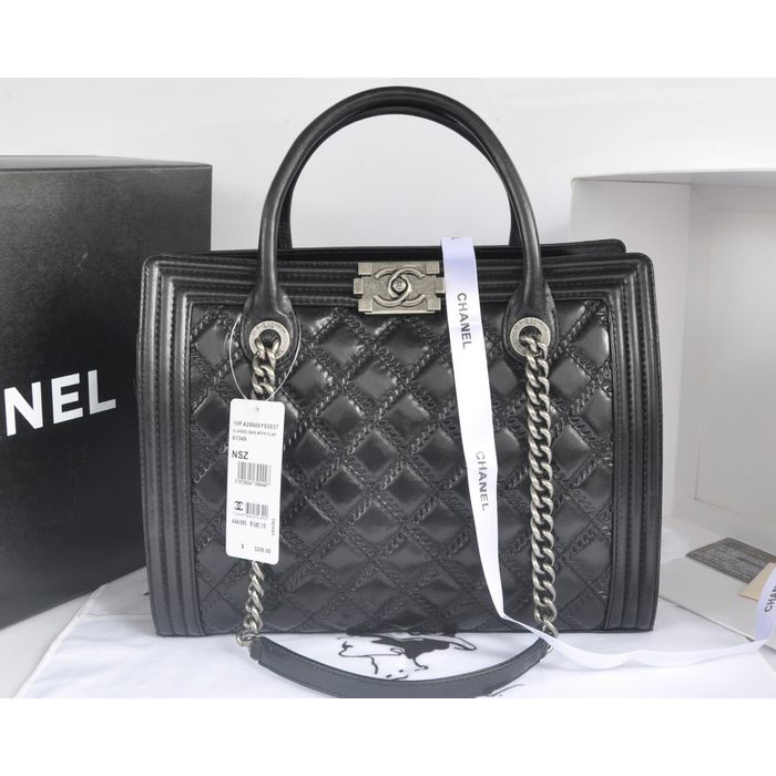 2014 Chanel Classic Original Leather shoulder and Two Handle Bag A66385 Black