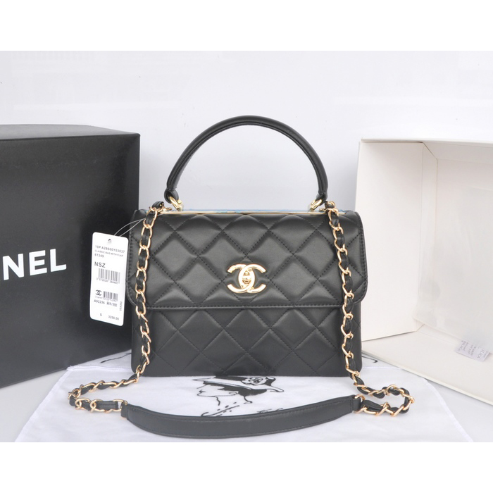 2014 Chanel Classic Top Handle Bag Original Sheepskin Leather A92236 Black