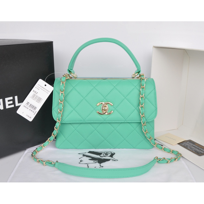 2014 Chanel Classic Top Handle Bag Original Sheepskin Leather A92236 Green