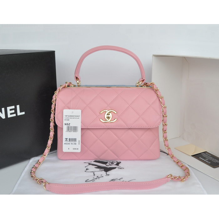 2014 Chanel Classic Top Handle Bag Original Sheepskin Leather A92236 Pink