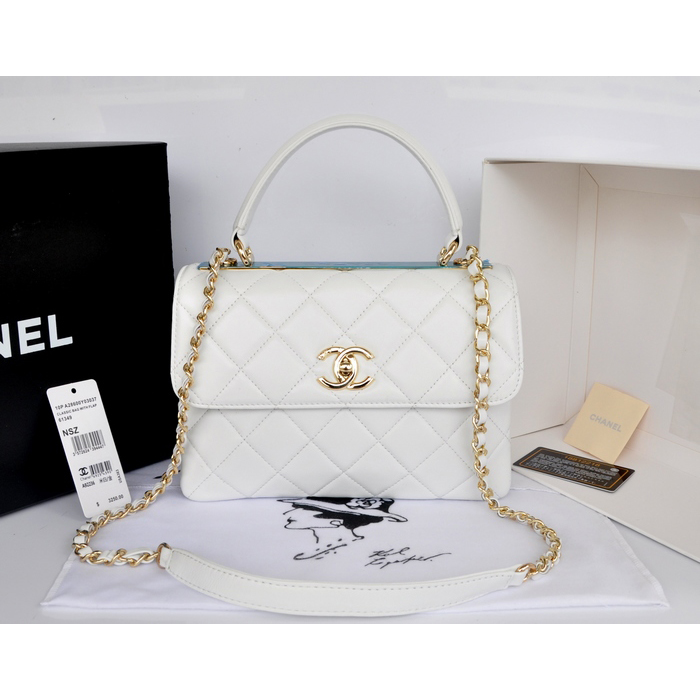 2014 Chanel Classic Top Handle Bag Original Sheepskin Leather A92236 White