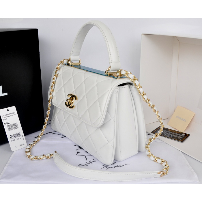 2014 Chanel Classic Top Handle Bag Original Sheepskin Leather A92236 White