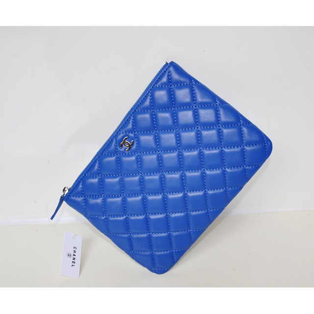 2014 Chanel Clutch Bag Blue Sheepskin Leather A67781 Silver