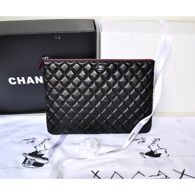 2014 Chanel Clutch Bag Original Sheepskin Leather A67780 Black with Silver hardware