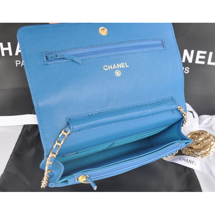 2014 Chanel Flap Shoulder Bag Blue Calfskin Leather A33817 Gold