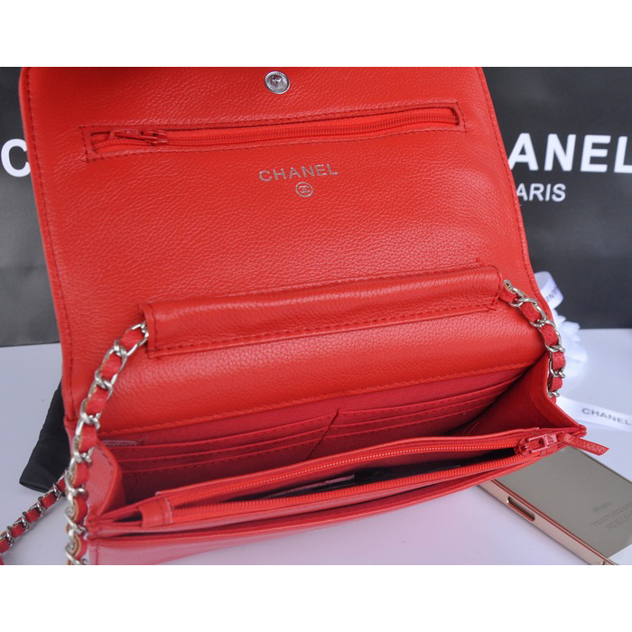 2014 Chanel Flap Shoulder Bag Red Calfskin Leather A33817 Silver