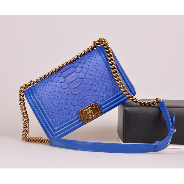 2014 Chanel LE boy Flap Shoulder Bag Real Python Leather A67086 Blue