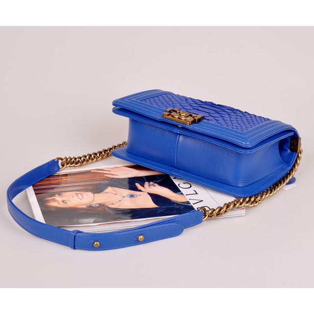 2014 Chanel LE boy Flap Shoulder Bag Real Python Leather A67086 Blue