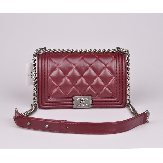 2014 Chanel Le Boy Flap Shoulder Bag Sheepskin Leather A92105 in Claret