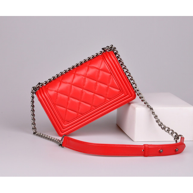 2014 Chanel Le Boy Flap Shoulder Bag Sheepskin Leather A92105 in Red