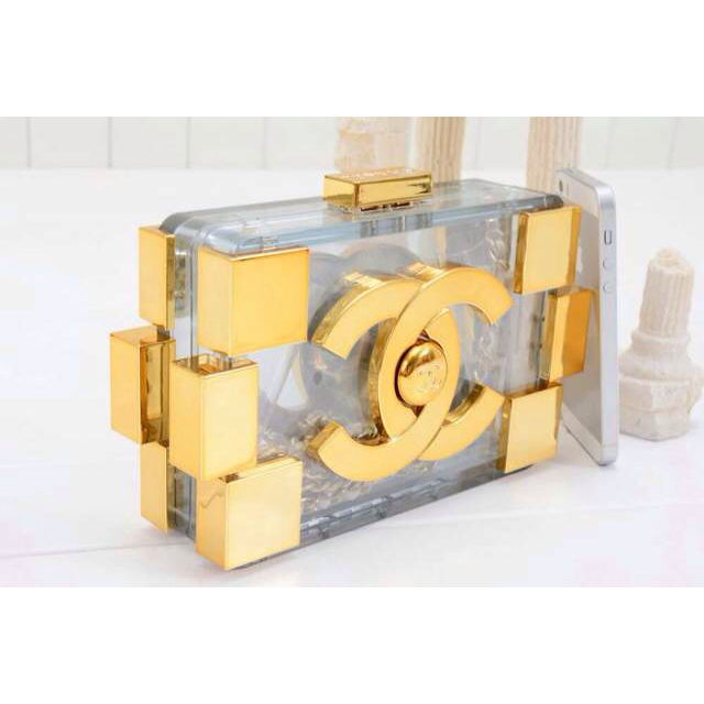 2014 Chanel Lego Clutch A37013 Transparent&Gold