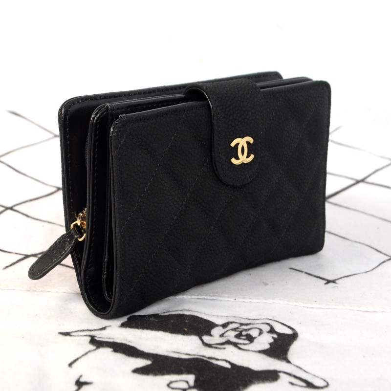 2014 Chanel Matelasse Bi-Fold Wallet Original Cannage Pattern Nubuck Leather C004 Black