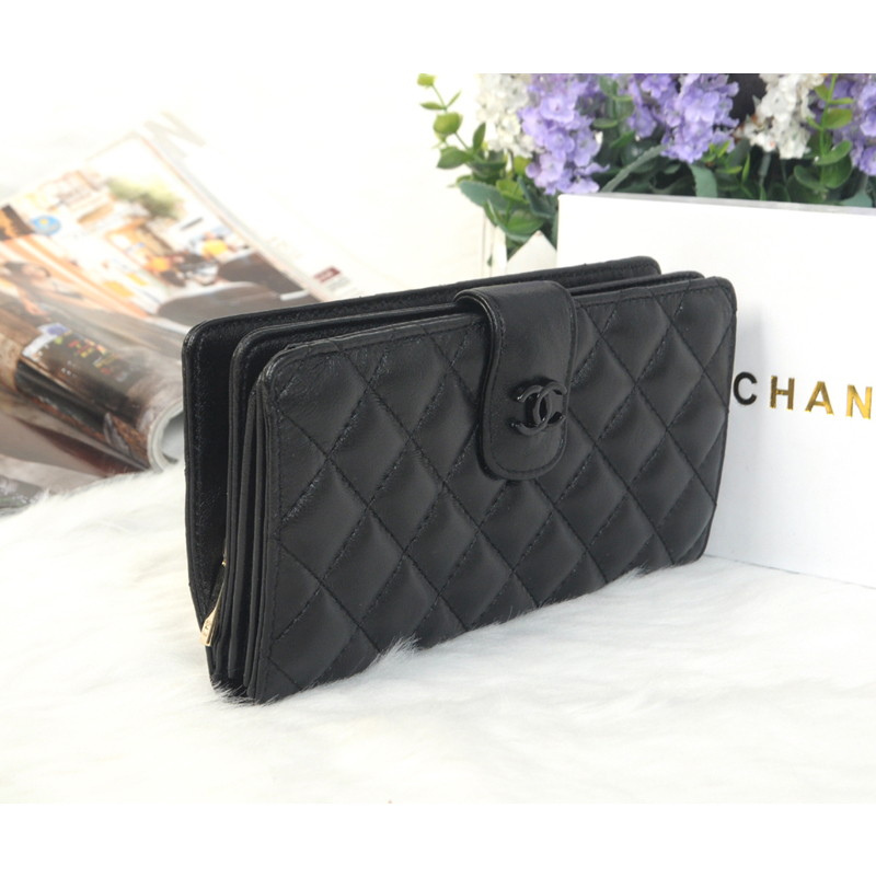 2014 Chanel Matelasse Bi-Fold Wallet Sheepskin Leather C0016 in Black