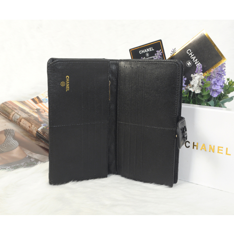 2014 Chanel Matelasse Bi-Fold Wallet Sheepskin Leather C0016 in Black