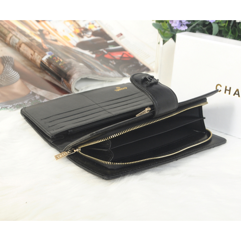 2014 Chanel Matelasse Bi-Fold Wallet Sheepskin Leather C0016 in Black