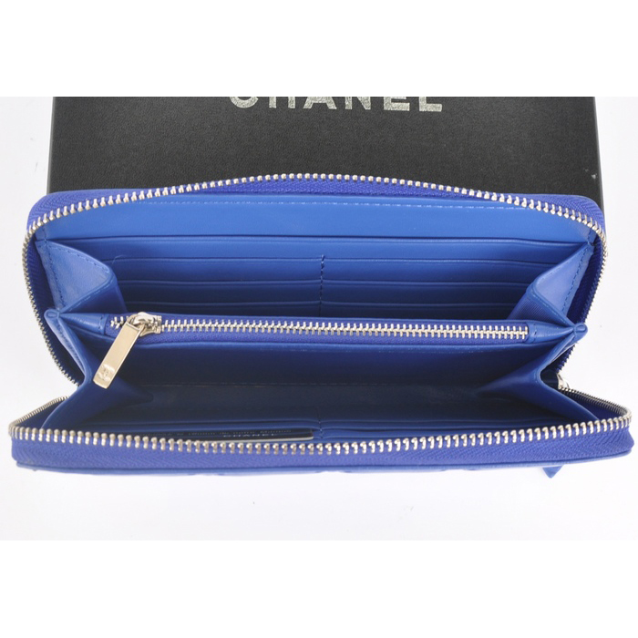 2014 Chanel Matelasse Zip Around Wallet Embossed Leather A50097 Blue