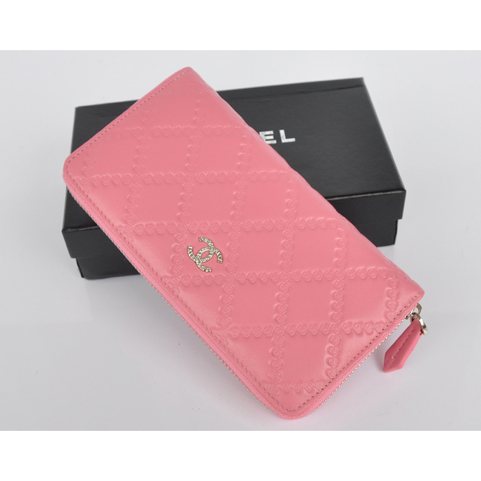 2014 Chanel Matelasse Zip Around Wallet Embossed Leather A50097 Cherry pink