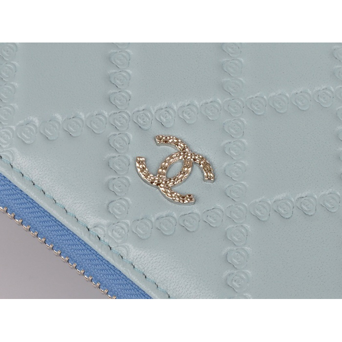 2014 Chanel Matelasse Zip Around Wallet Embossed Leather A50097 Light blue