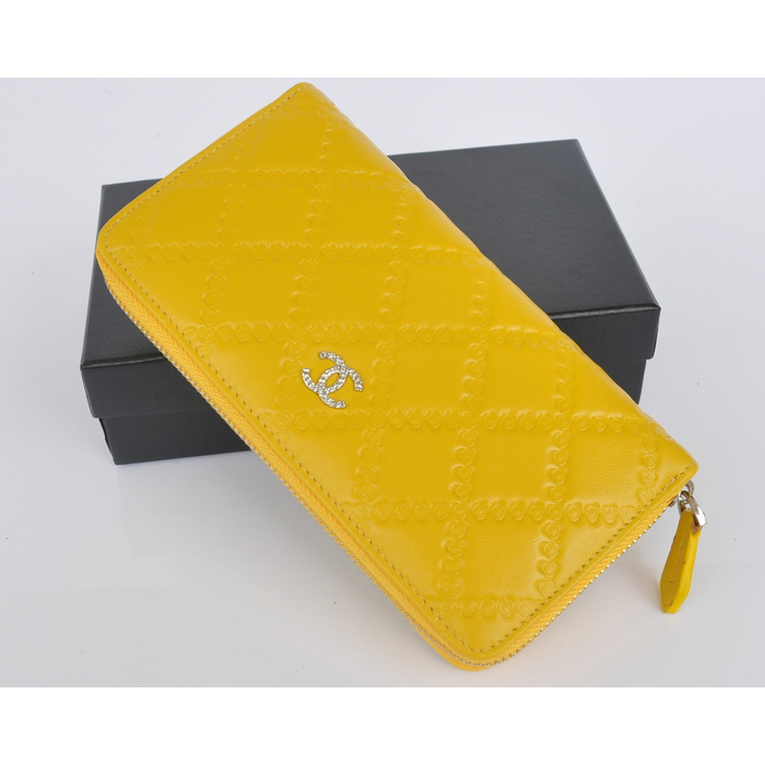 2014 Chanel Matelasse Zip Around Wallet Embossed Leather A50097 Yellow