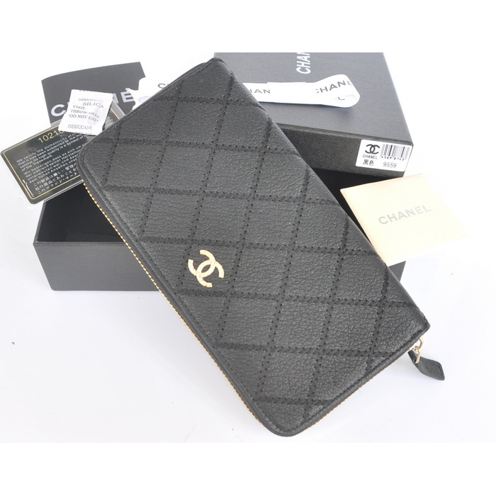 2014 Chanel Matelasse Zip Around Wallet Original Elephant pattern Leather C9559 Black