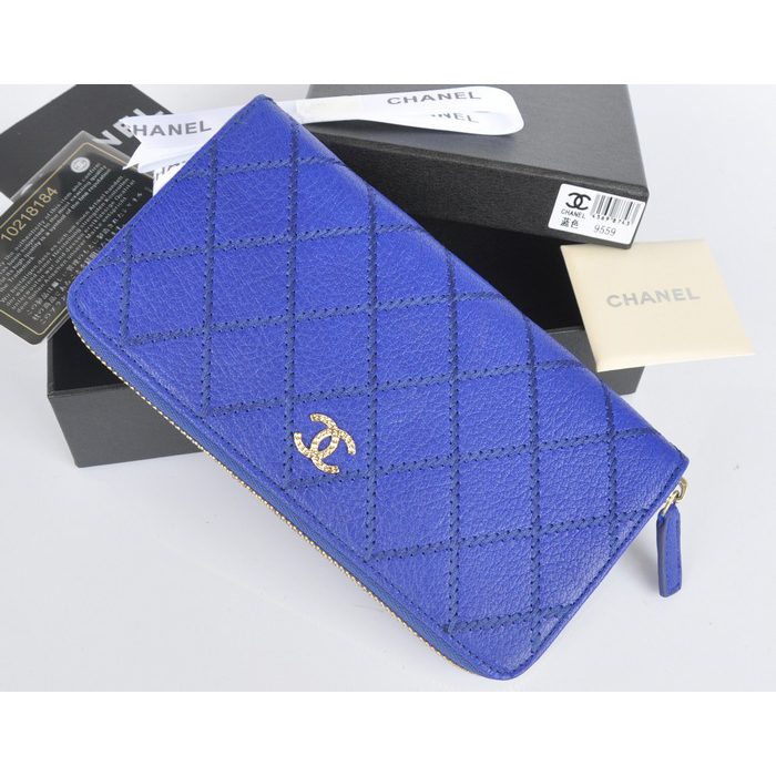 2014 Chanel Matelasse Zip Around Wallet Original Elephant pattern Leather C9559 Blue