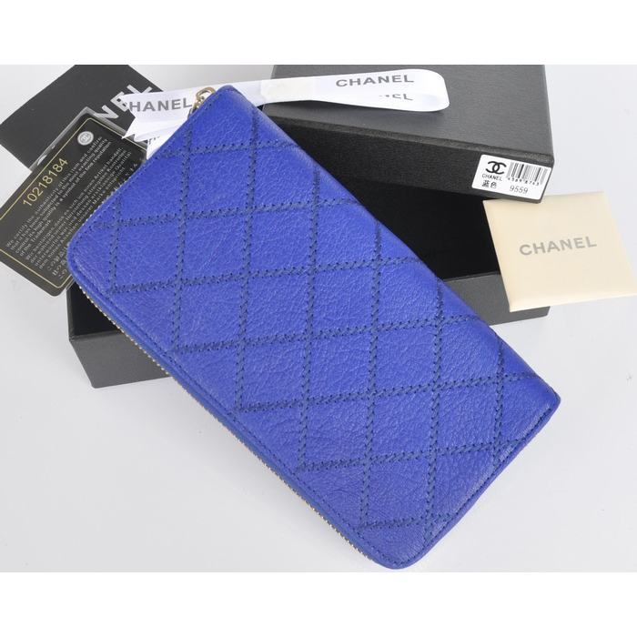 2014 Chanel Matelasse Zip Around Wallet Original Elephant pattern Leather C9559 Blue