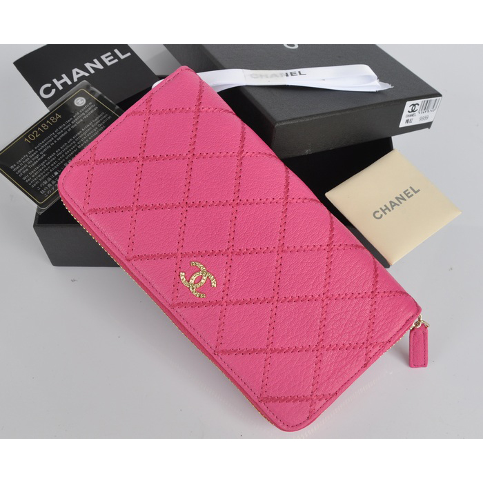 2014 Chanel Matelasse Zip Around Wallet Original Elephant pattern Leather C9559 Rose