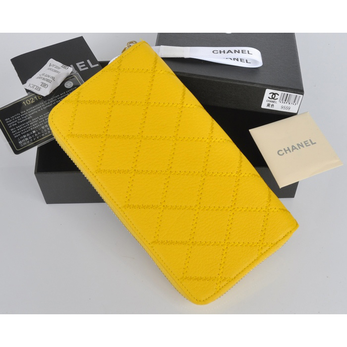 2014 Chanel Matelasse Zip Around Wallet Original Elephant pattern Leather C9559 Yellow