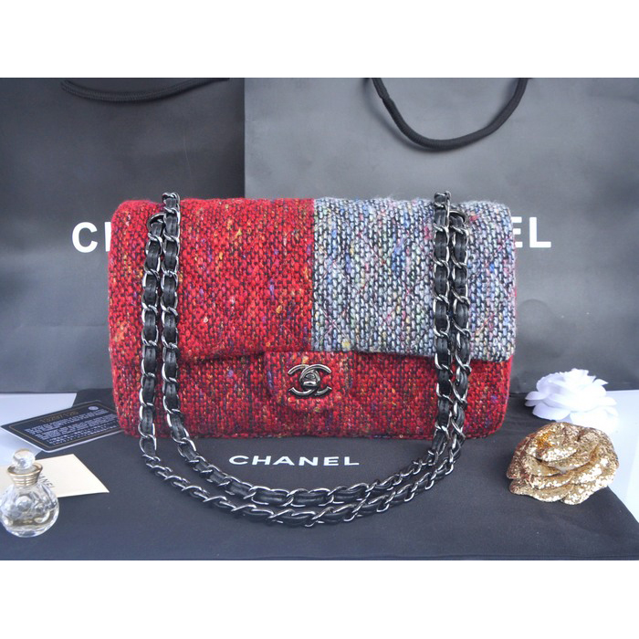 2014 Chanel Tweed Classic Flap Bag 1112 Grey&Red