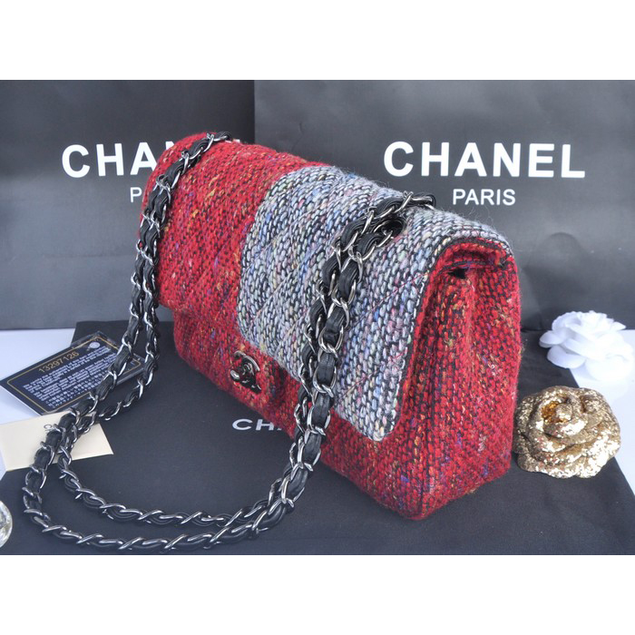 2014 Chanel Tweed Classic Flap Bag 1112 Grey&Red