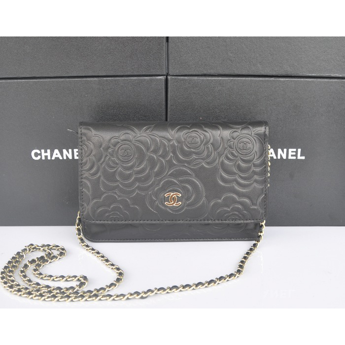 2014 Chanel WOC mini bags Original Camellia Leather A93301 Black