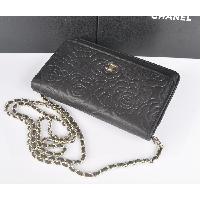 2014 Chanel WOC mini bags Original Camellia Leather A93301 Black