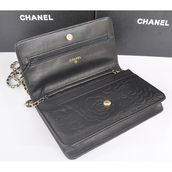 2014 Chanel WOC mini bags Original Camellia Leather A93301 Black